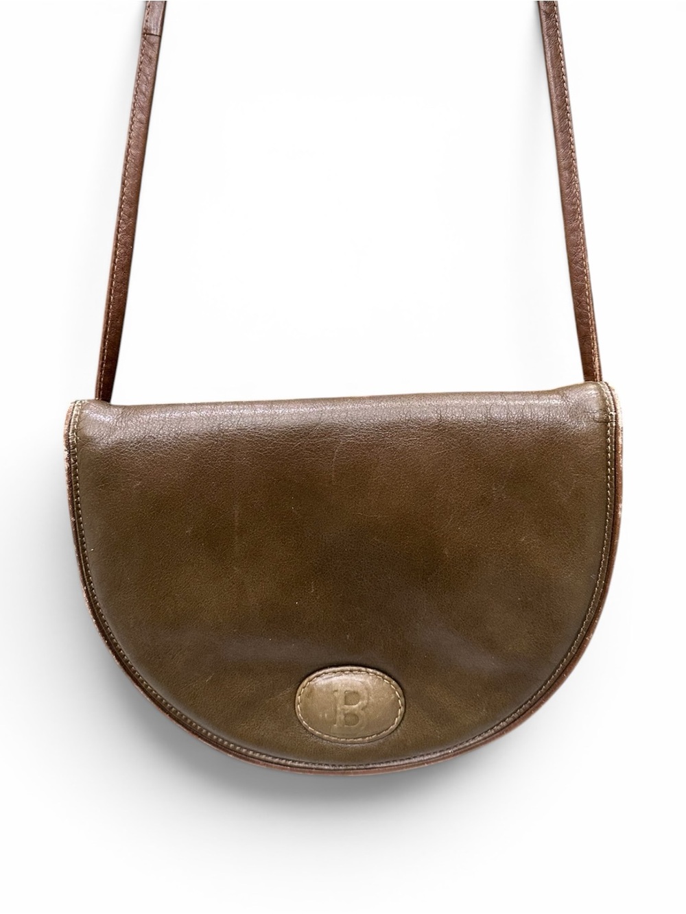 Vintage Bally Olive Brown Leather Saddle Crossbody Bag Italy
